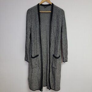 J Jill Wearever Collection Open Long Duster Cardigan Size XS Black White Pockets